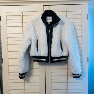 Avec Les Filles xxs white teddy bomber jacket with black leather trim details!